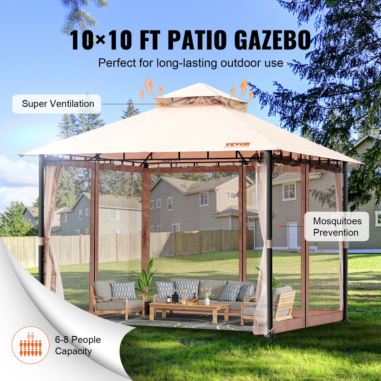 Patio Gazebo för 6-8 personer, 10 x 10 FT Backyard Gazebo, med myggnät, metallram och PU-belagd 180G polyester, utomhustakskydd för uteplats, bakgård, gräsmatta, trädgård, däck
