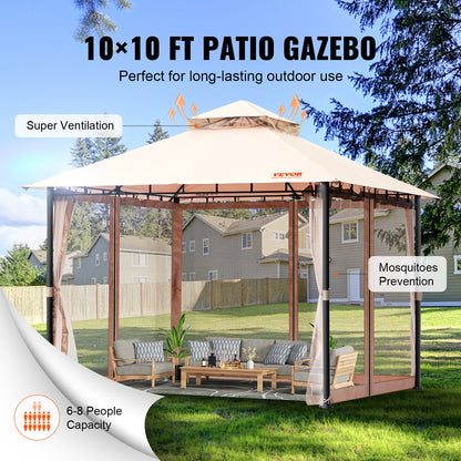 Patio Gazebo för 6-8 personer, 10 x 10 FT Backyard Gazebo, med myggnät, metallram och PU-belagd 180G polyester, utomhustakskydd för uteplats, bakgård, gräsmatta, trädgård, däck