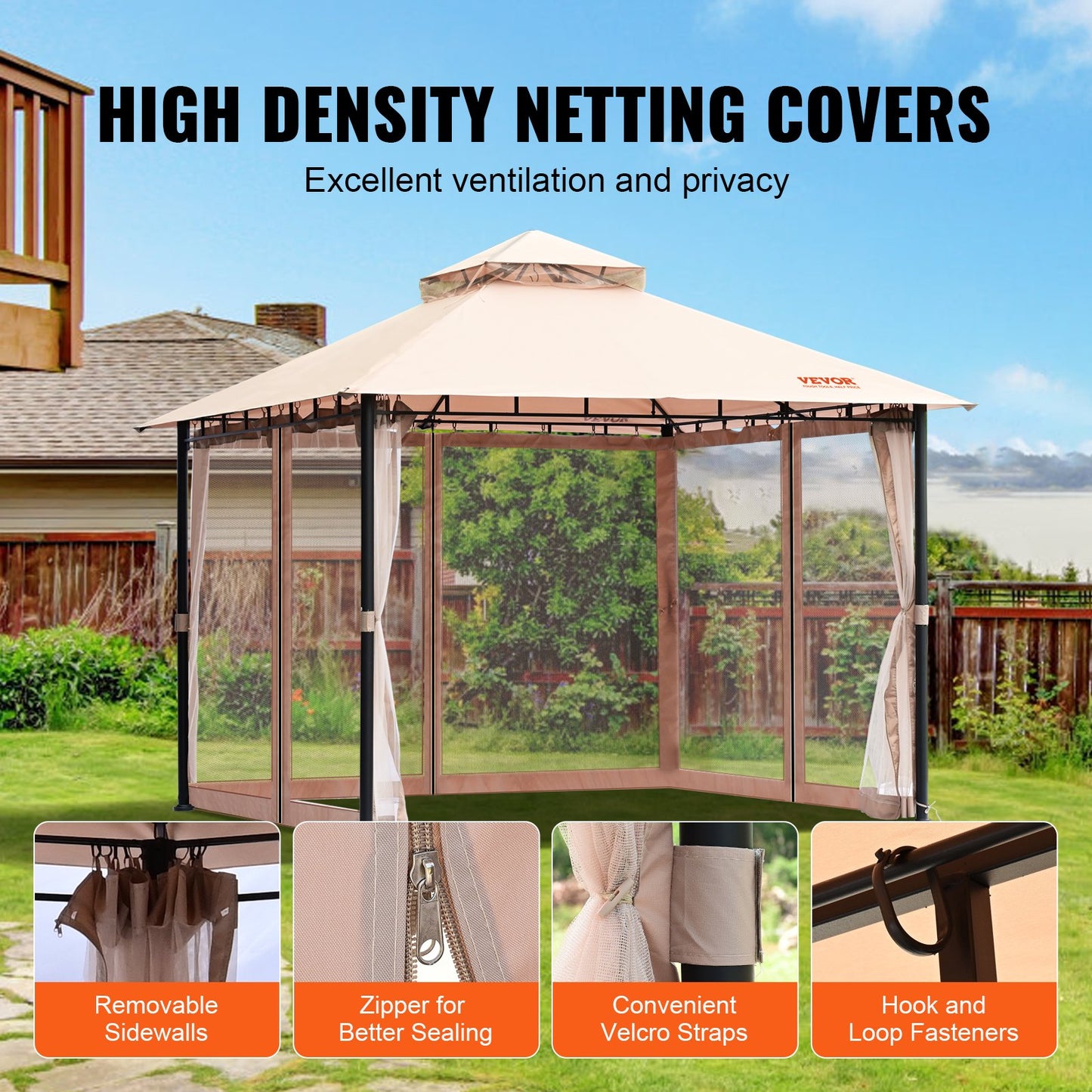 Patio Gazebo for 6-8 Person, 10 x 10 FT Backyard Gazebo, with Mosquito Netting, Metal Frame, and PU Coated 180G Polyester, Outdoor Canopy Shelter for Patio, Backyard, Lawn, Garden, Deck