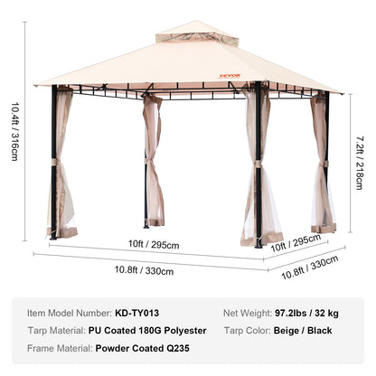 Patio Gazebo for 6-8 Person, 10 x 10 FT Backyard Gazebo, with Mosquito Netting, Metal Frame, and PU Coated 180G Polyester, Outdoor Canopy Shelter for Patio, Backyard, Lawn, Garden, Deck