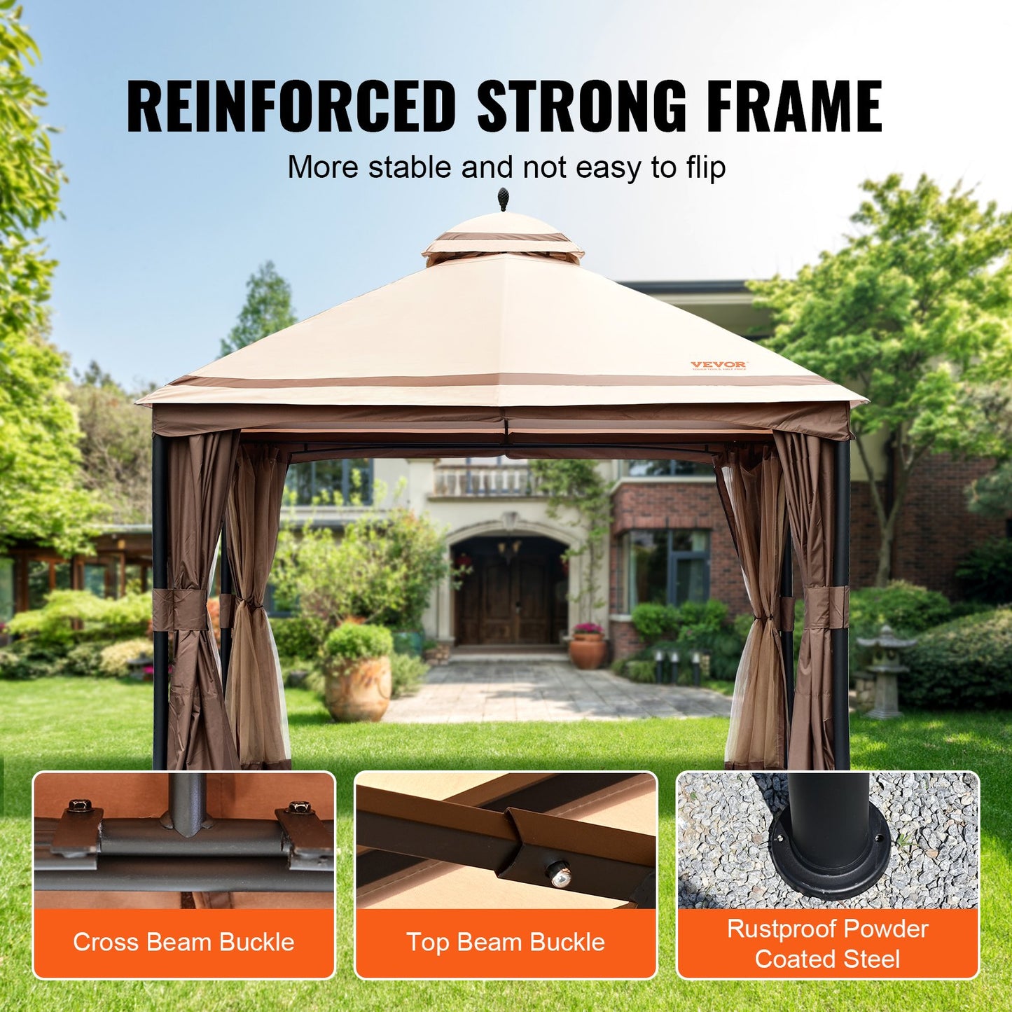 Patio Gazebo för 10-12 personer, 10 x 13 FT Backyard Gazebo, med myggnät, metallram och PU-belagd 180G polyester, utomhustakskydd för uteplats, bakgård, gräsmatta, trädgård, däck