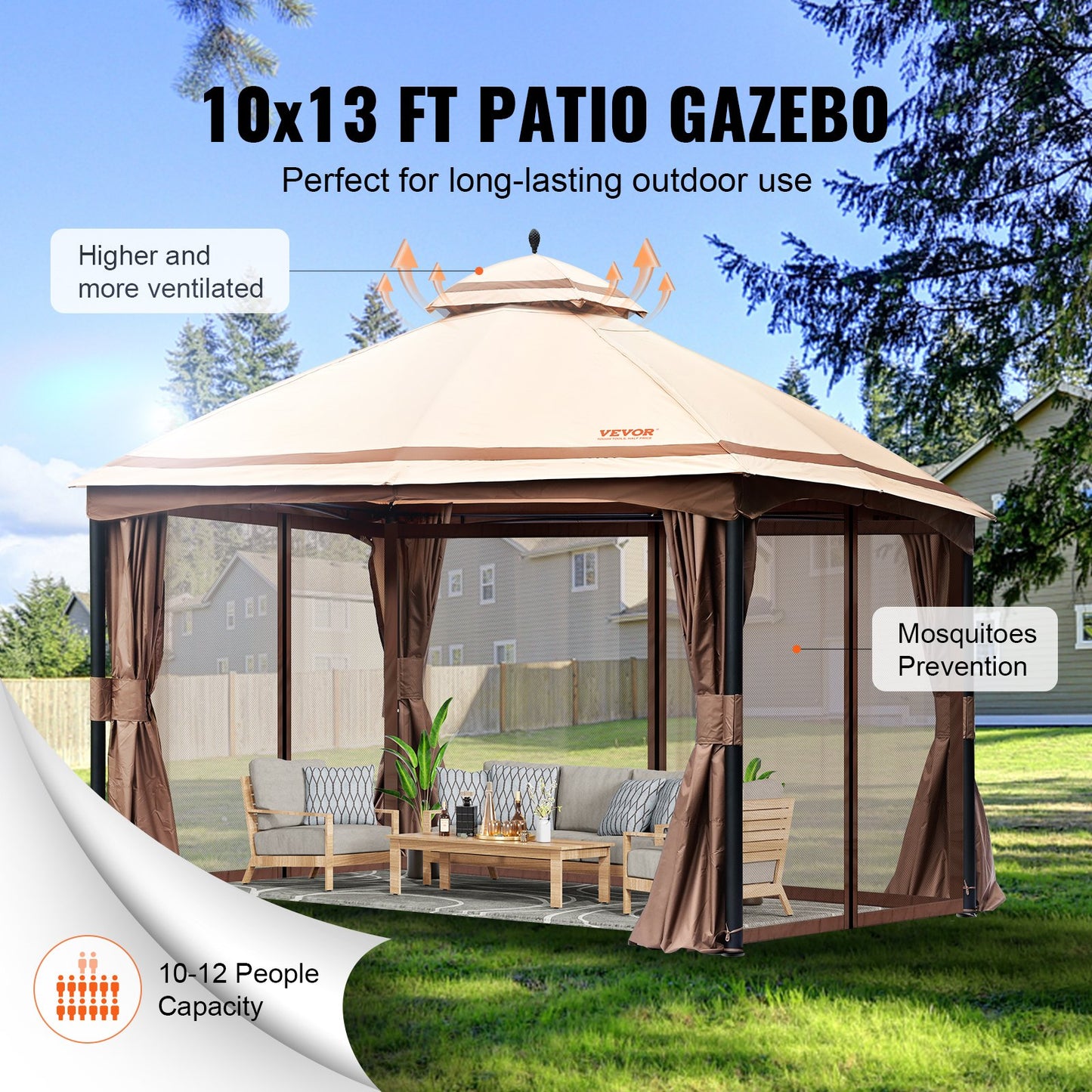 Patio Gazebo för 10-12 personer, 10 x 13 FT Backyard Gazebo, med myggnät, metallram och PU-belagd 180G polyester, utomhustakskydd för uteplats, bakgård, gräsmatta, trädgård, däck