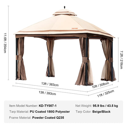 Patio Gazebo för 10-12 personer, 10 x 13 FT Backyard Gazebo, med myggnät, metallram och PU-belagd 180G polyester, utomhustakskydd för uteplats, bakgård, gräsmatta, trädgård, däck