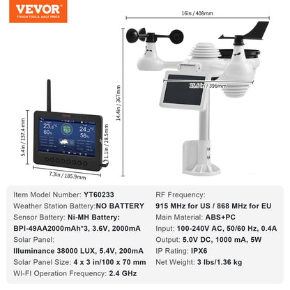 7-in-1 Wi-Fi Weather Station 7 in TFT Display Wireless Outdoor Sensor