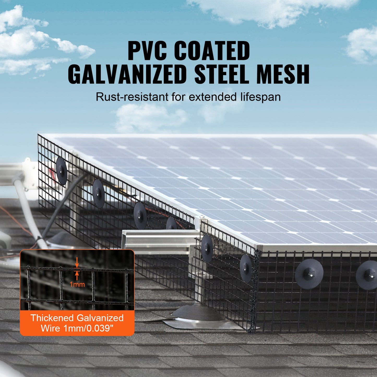 6 inch x 100ft Solar Panel Bird Guard, Critter Guard Roll Kit with 60pcs Aluminum Alloy Fasteners, Solar Panel Guard with Rust-proof PVC Coating, 1/2 inch Wire Roll Mesh