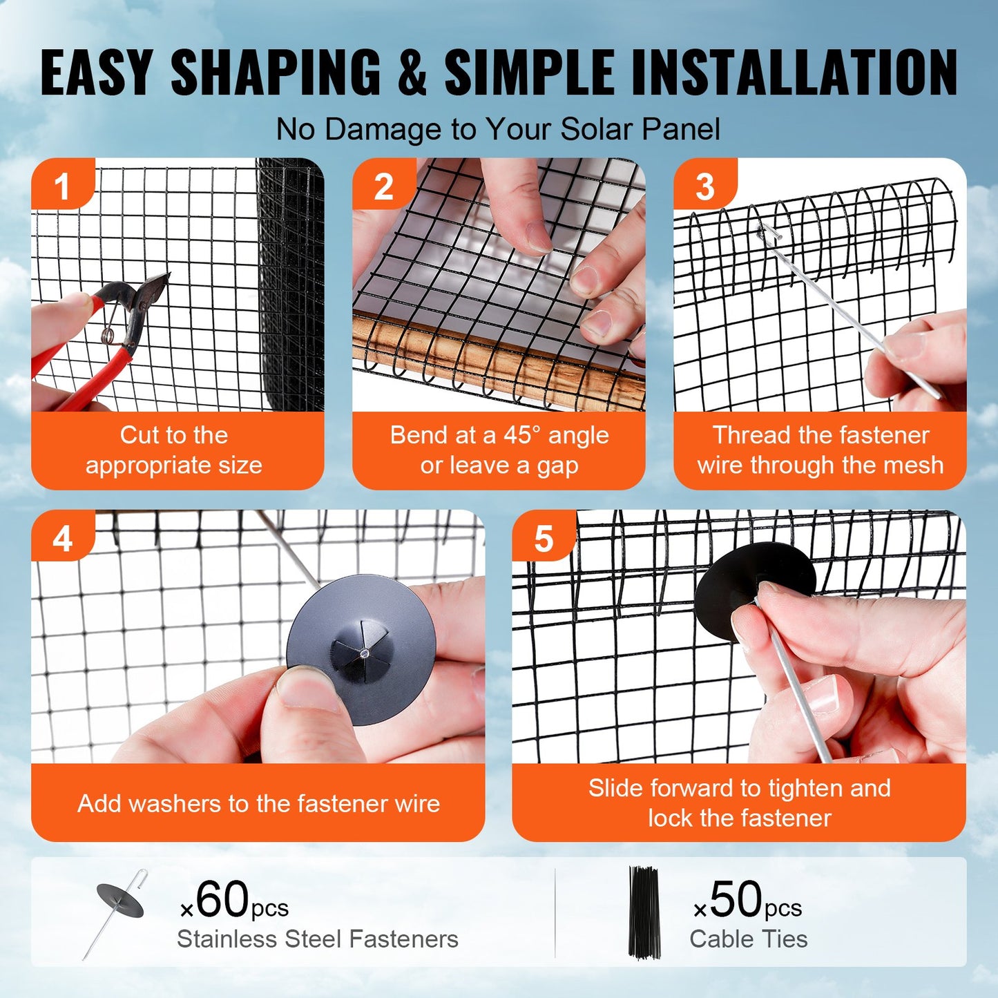 6 inch x 100ft Solar Panel Bird Guard, Critter Guard Roll Kit with 60pcs Aluminum Alloy Fasteners, Solar Panel Guard with Rust-proof PVC Coating, 1/2 inch Wire Roll Mesh