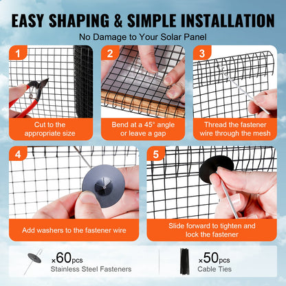 6 inch x 100ft Solar Panel Bird Guard, Critter Guard Roll Kit with 60pcs Aluminum Alloy Fasteners, Solar Panel Guard with Rust-proof PVC Coating, 1/2 inch Wire Roll Mesh