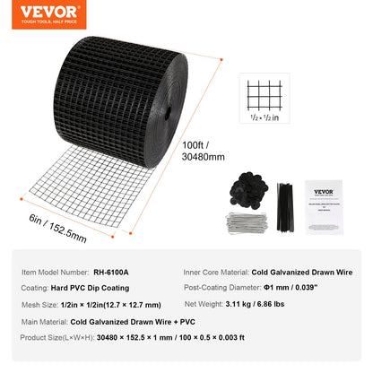 6 inch x 100ft Solar Panel Bird Guard, Critter Guard Roll Kit with 60pcs Aluminum Alloy Fasteners, Solar Panel Guard with Rust-proof PVC Coating, 1/2 inch Wire Roll Mesh