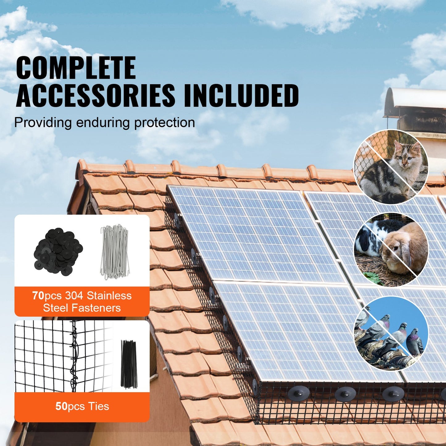8 inch x 100ft Solar Panel Bird Guard, Critter Guard Roll Kit with 70pcs Aluminum Alloy Fasteners, Solar Panel Guard with Rust-proof PVC Coating, 1/2 inch Wire Roll Mesh