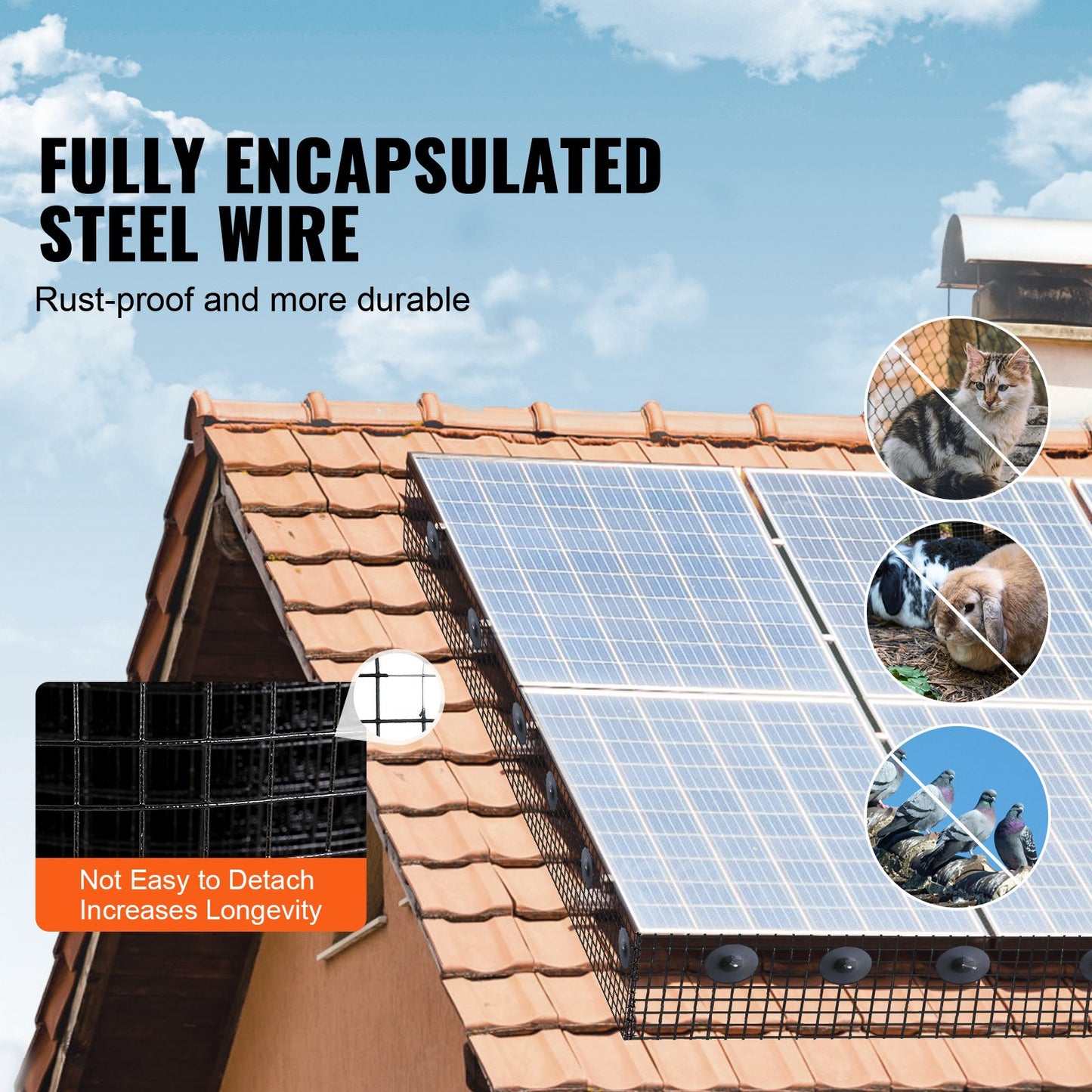 8 inch x 100ft Solar Panel Bird Guard, Critter Guard Roll Kit with Rust-proof PVC Coating, Solar Panel Guard with 50pcs Tire Wires, 1/2 inch Wire Roll Mesh