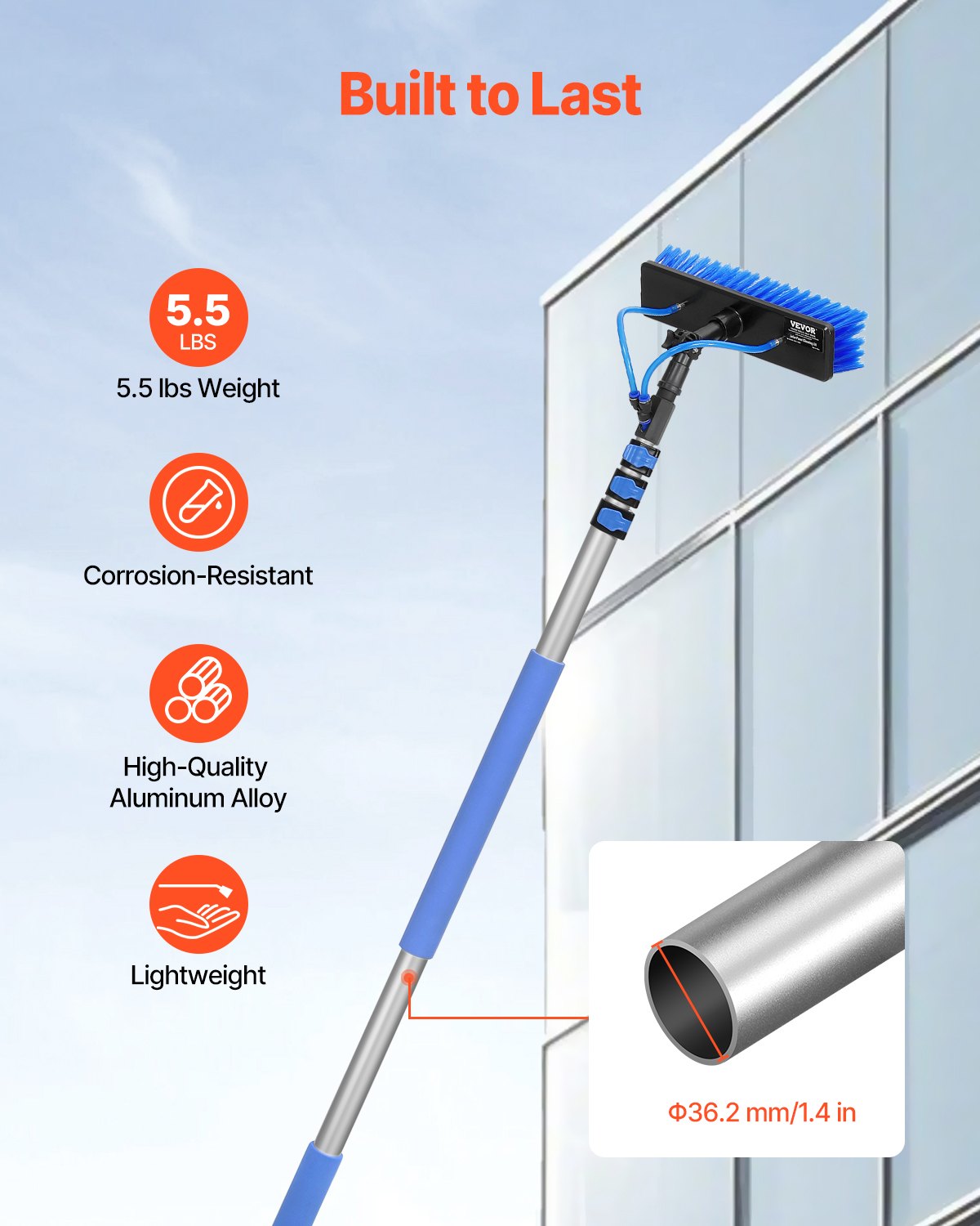 Water Fed Pole Kit, 12FT Solar Panel Cleaning Pole with Extendable Handle, 180° Rotatable Brush Head & 65.6FT Hose, Household & Outdoor Window Cleaner Tool for Caravan Solar Panel Deck