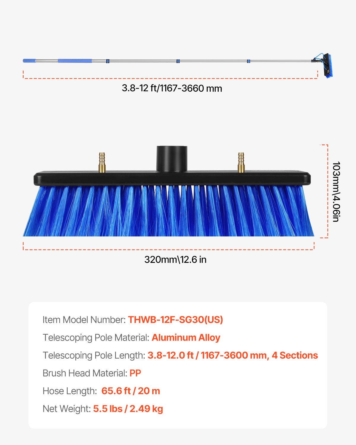 Water Fed Pole Kit, 12FT Solar Panel Cleaning Pole with Extendable Handle, 180° Rotatable Brush Head & 65.6FT Hose, Household & Outdoor Window Cleaner Tool for Caravan Solar Panel Deck
