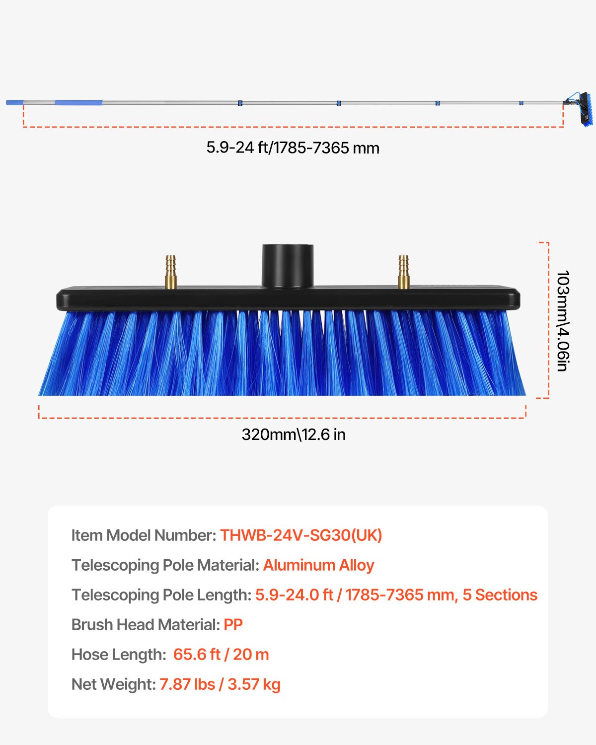Wassergespeistes Stangenset, 7,3 m lange Solarpanel-Reinigungsstange mit ausziehbarem Griff