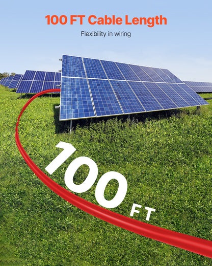 100FT Solar Panel Extension Cable 10AWG Waterproof PV 6mm² Cable Red