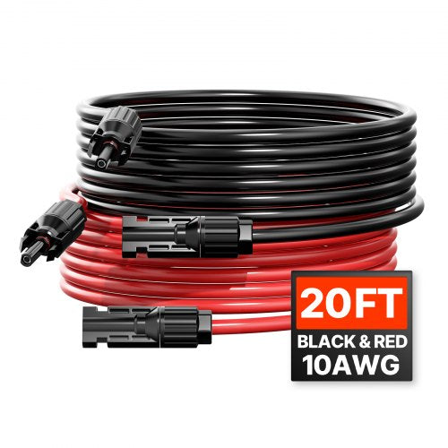 20FT Solar Panel Extension Cable, 10AWG Solar Extension Cable Wire with Female & Male Waterproof Connectors, 6mm² PV Cable for Home, Ship and RV Solar Panels, 20FT Black + 20FT Red (Set of 2)
