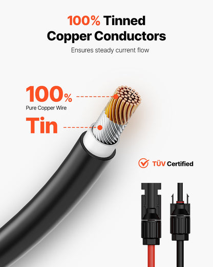 50FT Solar Panel Extension Cable with Female and Male Connectors 10AWG 1 Pair