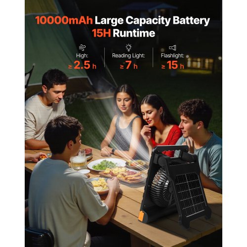 10000mAh uppladdningsbar solfläkt med LED-lykta, 18 cm bärbar fläkt sladdlös med 4W hopfällbar solpanel, 4 hastigheter & timer & tyst, USB-batteridriven för campingtält arbetsplats kontorsskrivbord |  EU