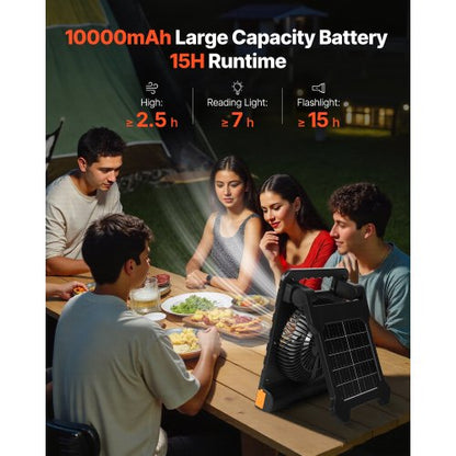 10000mAh uppladdningsbar solfläkt med LED-lykta, 18 cm bärbar fläkt sladdlös med 4W hopfällbar solpanel, 4 hastigheter & timer & tyst, USB-batteridriven för campingtält arbetsplats kontorsskrivbord |  EU