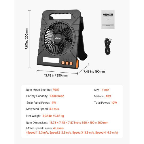 10000mAh uppladdningsbar solfläkt med LED-lykta, 18 cm bärbar fläkt sladdlös med 4W hopfällbar solpanel, 4 hastigheter & timer & tyst, USB-batteridriven för campingtält arbetsplats kontorsskrivbord |  EU