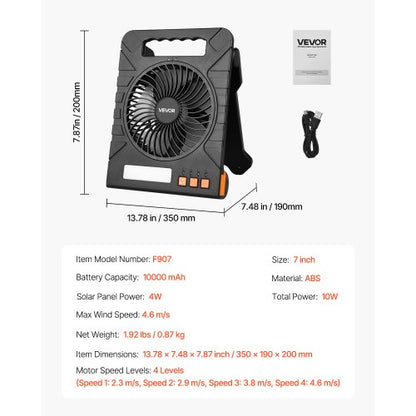 10000mAh uppladdningsbar solfläkt med LED-lykta, 18 cm bärbar fläkt sladdlös med 4W hopfällbar solpanel, 4 hastigheter & timer & tyst, USB-batteridriven för campingtält arbetsplats kontorsskrivbord |  EU
