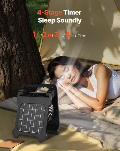 10000mAh Rechargeable Solar Fan with LED Lantern, 7 inch Portable Fan Cordless with 4W Foldable Solar Panel, 4-Speed& Timer& Quiet,USB Battery Powered for Camping Tent Worksite Office Desk