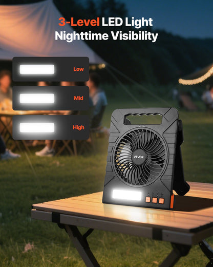 10000mAh Rechargeable Solar Fan with LED Lantern, 7 inch Portable Fan Cordless with 4W Foldable Solar Panel, 4-Speed& Timer& Quiet,USB Battery Powered for Camping Tent Worksite Office Desk