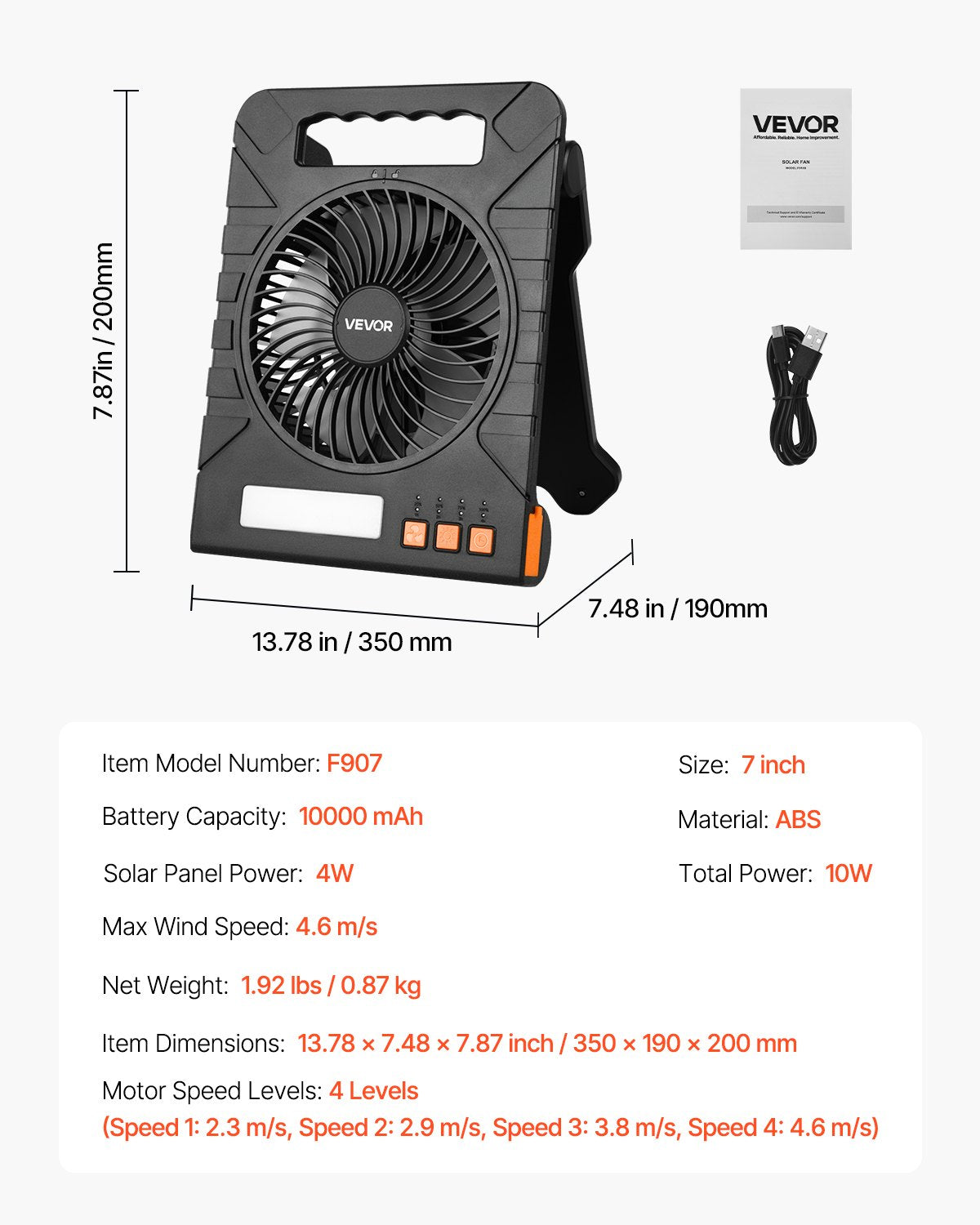 10000mAh Rechargeable Solar Fan with LED Lantern, 7 inch Portable Fan Cordless with 4W Foldable Solar Panel, 4-Speed& Timer& Quiet,USB Battery Powered for Camping Tent Worksite Office Desk
