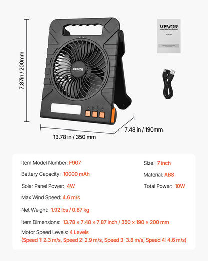 10000mAh Rechargeable Solar Fan with LED Lantern, 7 inch Portable Fan Cordless with 4W Foldable Solar Panel, 4-Speed& Timer& Quiet,USB Battery Powered for Camping Tent Worksite Office Desk