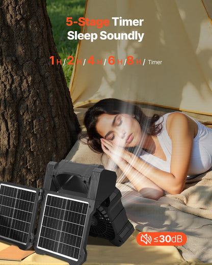 20000mAh Rechargeable Solar Fan with LED Lantern, 8 inch Portable Fan Cordless with 7W Foldable Solar Panel, 5-Speed& Timer& Quiet,USB Battery Powered for Camping Tent Worksite Office Desk