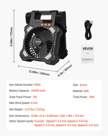 20000mAh Rechargeable Solar Fan with LED Lantern, 8 inch Portable Fan Cordless with 7W Foldable Solar Panel, 5-Speed& Timer& Quiet,USB Battery Powered for Camping Tent Worksite Office Desk