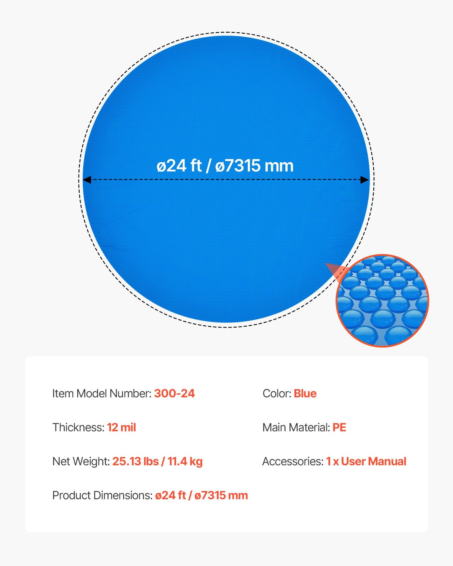 Solar Pool Cover, 24 ft Round Pool Bubble Cover, 12 Mil Pools Solar Blanket with Bubble & PE Material, Daytime Heat Absorption, Nighttime Heat Retention, Heat Retaining Solars Covers, Blue
