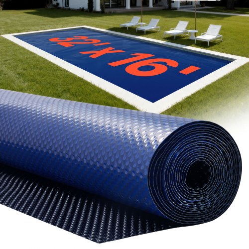 Solar Pool Cover, 32 x 16 ft Pool Bubble Cover, 16 Mil Pools Solar Blanket with Dual Heat-Locking Air Layer for Pools, Daytime Heat Absorption, Nighttime Heat Retention, Blue & Silver, Cuttable
