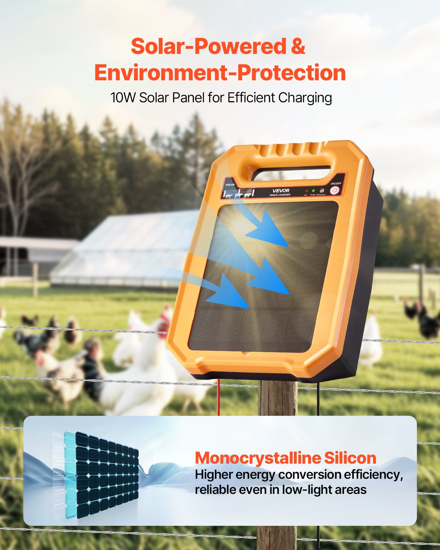 Solar Fence Charger, 0.3J 8 kV Solar Powered Fence Charger, 1.86 Miles Range, Weather-Resistant Electric Fence Energizer Kit, 7 Days Runtime, for Livestock, Poultry, Garden Protection