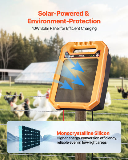 Solar Fence Charger, 0.3J 8 kV Solar Powered Fence Charger, 1.86 Miles Range, Weather-Resistant Electric Fence Energizer Kit, 7 Days Runtime, for Livestock, Poultry, Garden Protection