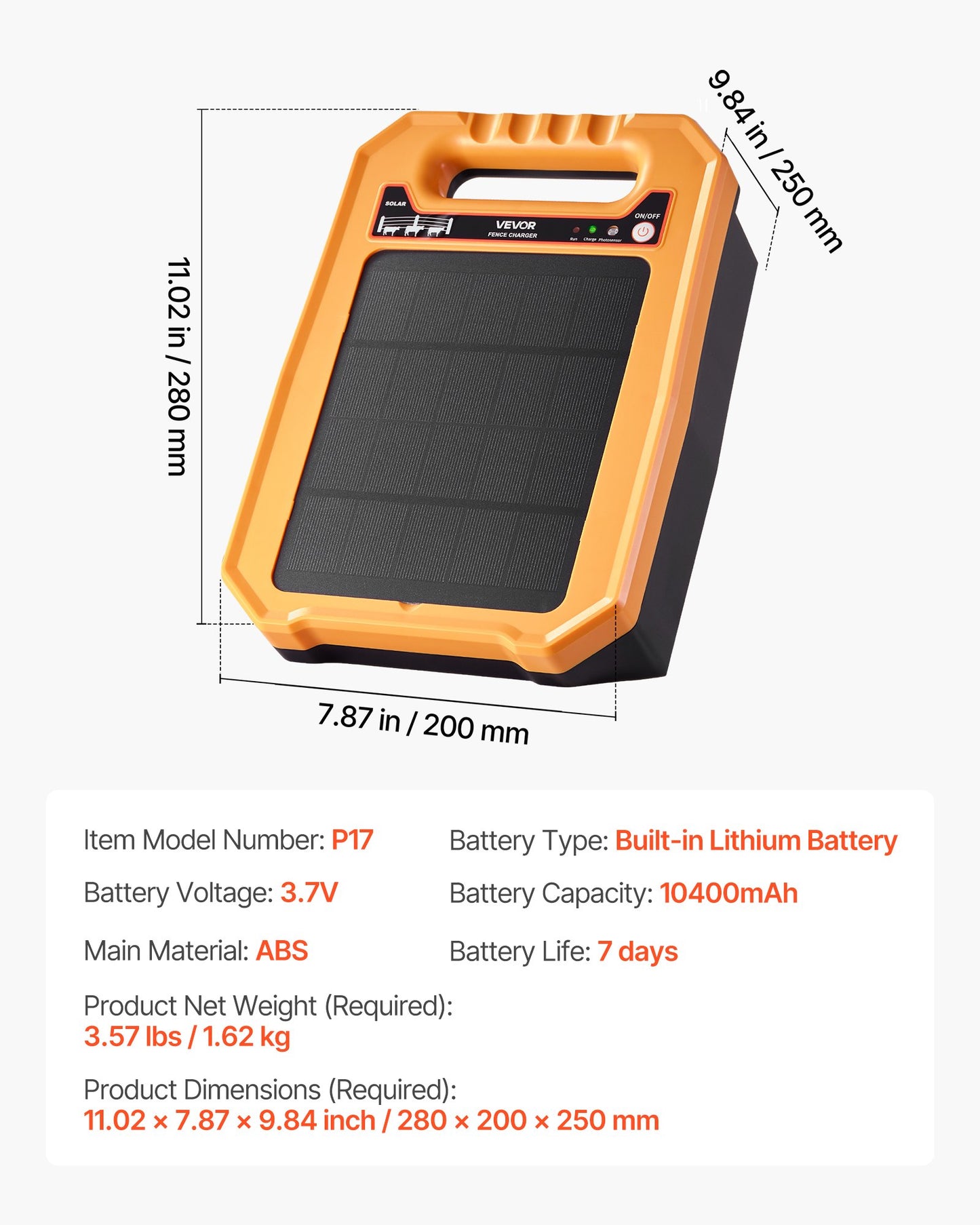 Solar Fence Charger, 0.3J 8 kV Solar Powered Fence Charger, 1.86 Miles Range, Weather-Resistant Electric Fence Energizer Kit, 7 Days Runtime, for Livestock, Poultry, Garden Protection