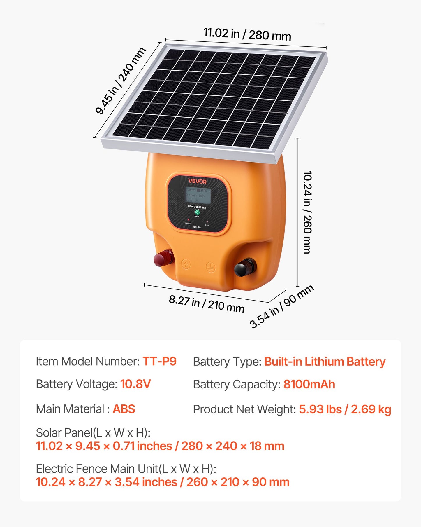 Solar Fence Charger, 0.6J 8kV Solar Powered Fence Charger, 1.86 Miles Range, Electric Fence Energizer Kit, Keep Out Predators, 4-5 Days Runtime, for Livestock, Poultry, Garden Protection