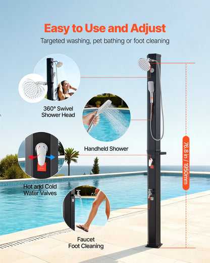 10.6 Gal Solar Heated Shower, 6.7ft Showerhead Height Outdoor Shower, with Handheld & Foot Faucet, Hot & Cold Water Adjustment, Freestanding for Backyard Poolside Beach Pool, Black