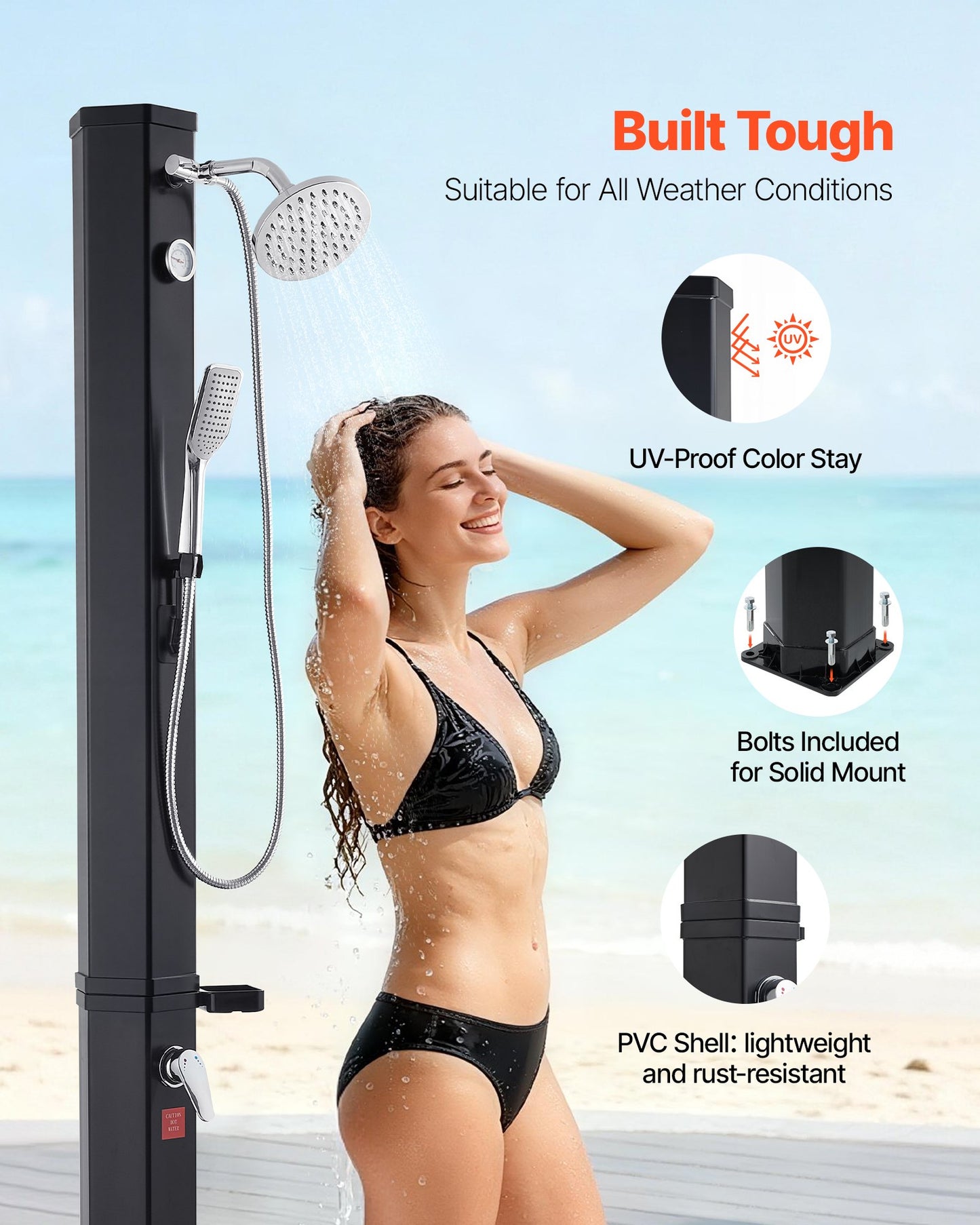 10.6 Gal Solar Heated Shower, 6.7ft Showerhead Height Outdoor Shower, with Handheld & Foot Faucet, Hot & Cold Water Adjustment, Freestanding for Backyard Poolside Beach Pool, Black