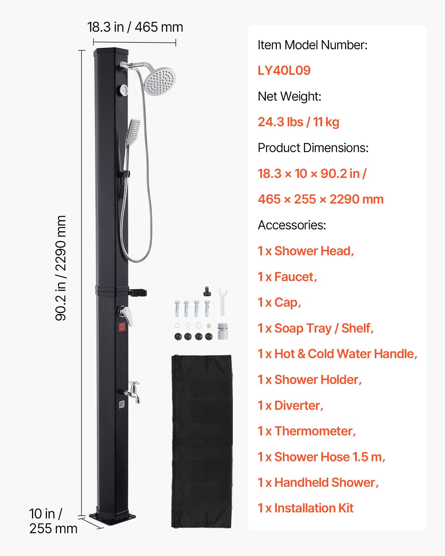 10.6 Gal Solar Heated Shower, 6.7ft Showerhead Height Outdoor Shower, with Handheld & Foot Faucet, Hot & Cold Water Adjustment, Freestanding for Backyard Poolside Beach Pool, Black