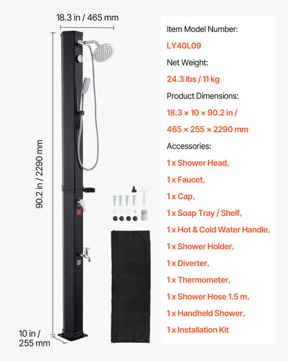10.6 Gal Solar Heated Shower, 6.7ft Showerhead Height Outdoor Shower, with Handheld & Foot Faucet, Hot & Cold Water Adjustment, Freestanding for Backyard Poolside Beach Pool, Black