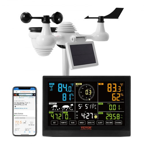 7-in-1 Wi-Fi Weather Station, 7.5 in Color Display, Home Weather Station Indoor Outdoor, with Solar Wireless Outdoor Sensor Alarm Alerts, for Temperature Humidity Wind Speed/Direction Rain