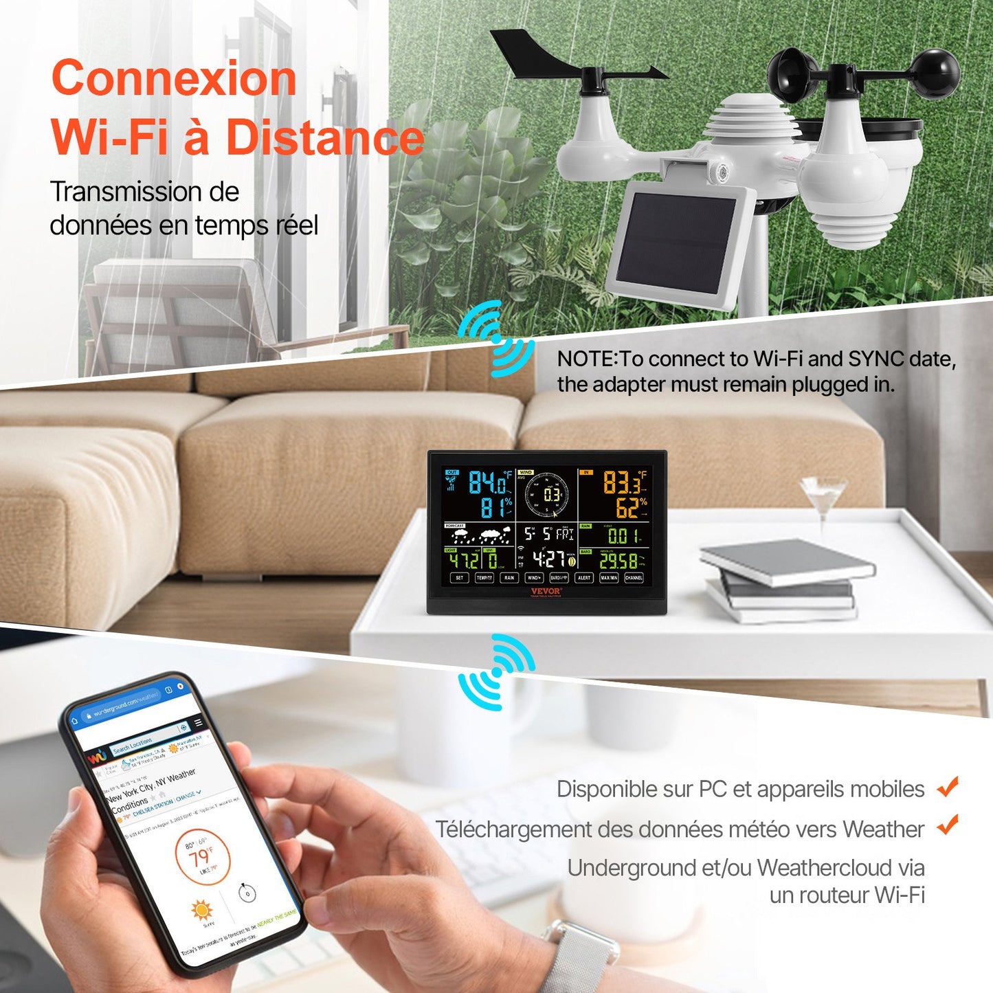 7-in-1 Wi-Fi Weather Station, 7.5 in Color Display, Home Weather Station Indoor Outdoor, with Solar Wireless Outdoor Sensor Alarm Alerts, for Temperature Humidity Wind Speed/Direction Rain