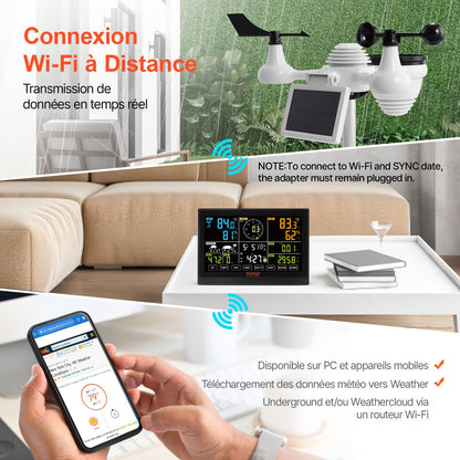 7-in-1 Wi-Fi Weather Station, 7.5 in Color Display, Home Weather Station Indoor Outdoor, with Solar Wireless Outdoor Sensor Alarm Alerts, for Temperature Humidity Wind Speed/Direction Rain