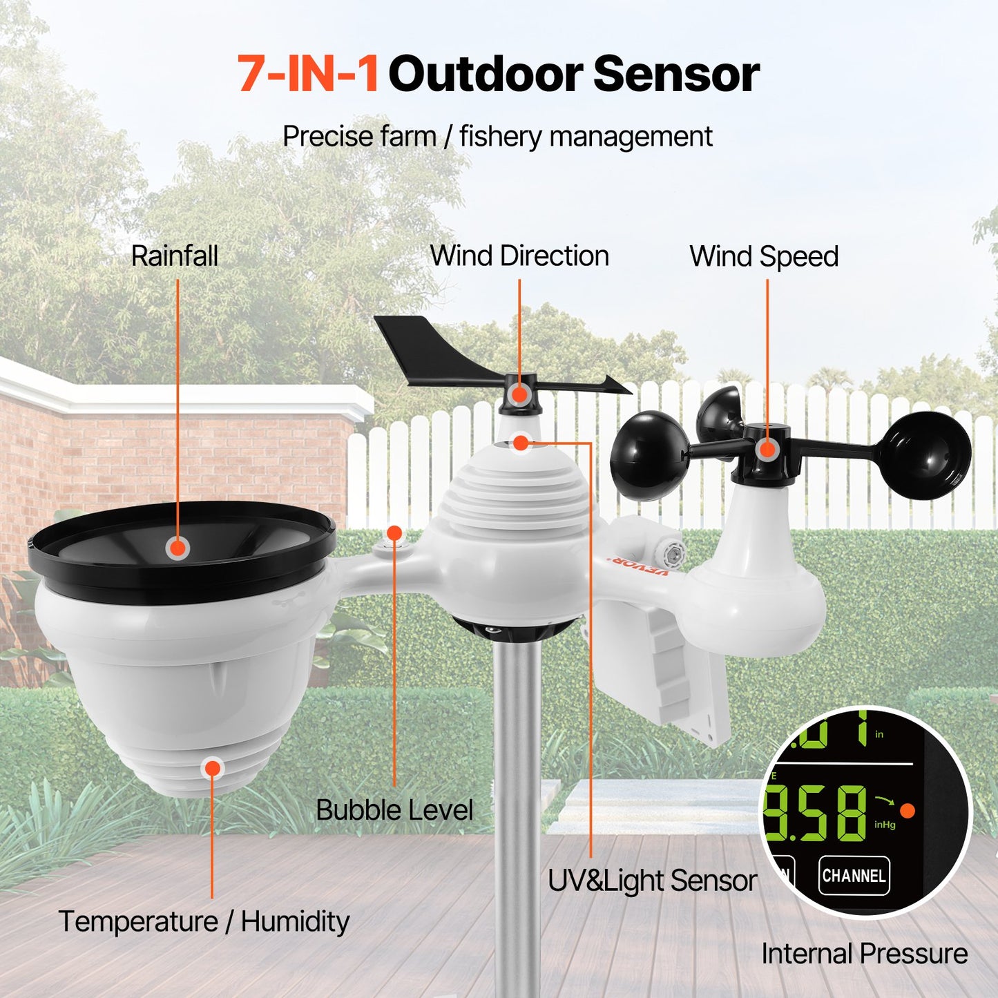 7-in-1 Wi-Fi Weather Station, 7.5-inch Color Screen, Home Weather Station Indoor Outdoor, with Wireless Solar Outdoor Sensor Alarm, for Temperature Humidity Wind Speed/Rain Direction