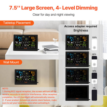 7-in-1 Wireless Weather Station, 7.5 in Color Display, Digital Weather Station Indoor Outdoor, for Temperature Humidity Wind Speed/Direction Rain UV, with Forecast Data, Alarm, Alerts-NO WIFI