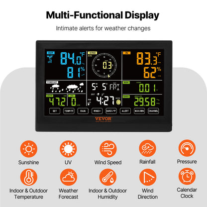 7-in-1 Wireless Weather Station, 7.5 in Color Display, Digital Weather Station Indoor Outdoor, for Temperature Humidity Wind Speed/Direction Rain UV, with Forecast Data, Alarm, Alerts-NO WIFI