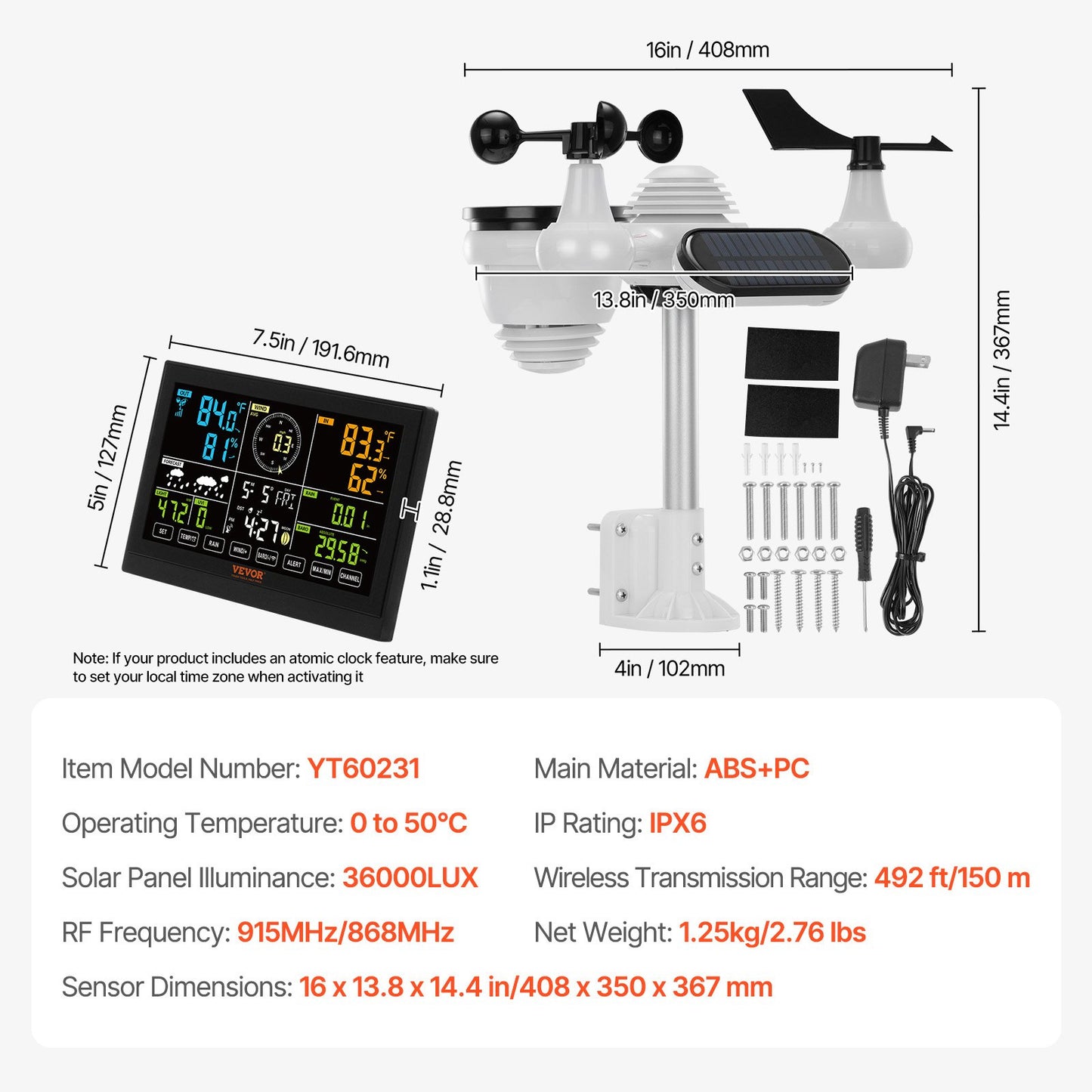 7-in-1 Wireless Weather Station, 7.5 in Color Display, Digital Weather Station Indoor Outdoor, for Temperature Humidity Wind Speed/Direction Rain UV, with Forecast Data, Alarm, Alerts-NO WIFI