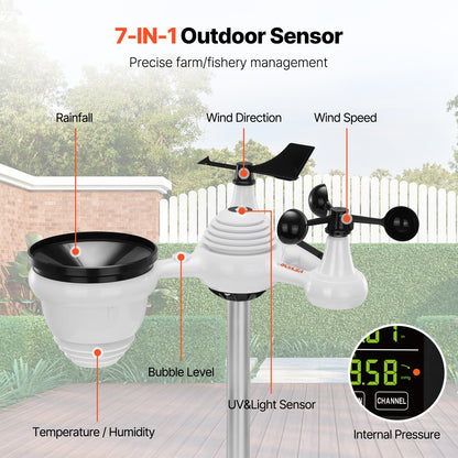 7-in-1 Wireless Weather Station, 7.5 Inch Large Color Screen, Digital Home Weather Station Indoor Outdoor, for Temperature Humidity Wind Speed/Direction Rain UV, with Forecast Data, Alarms, Alerts NO WIFI