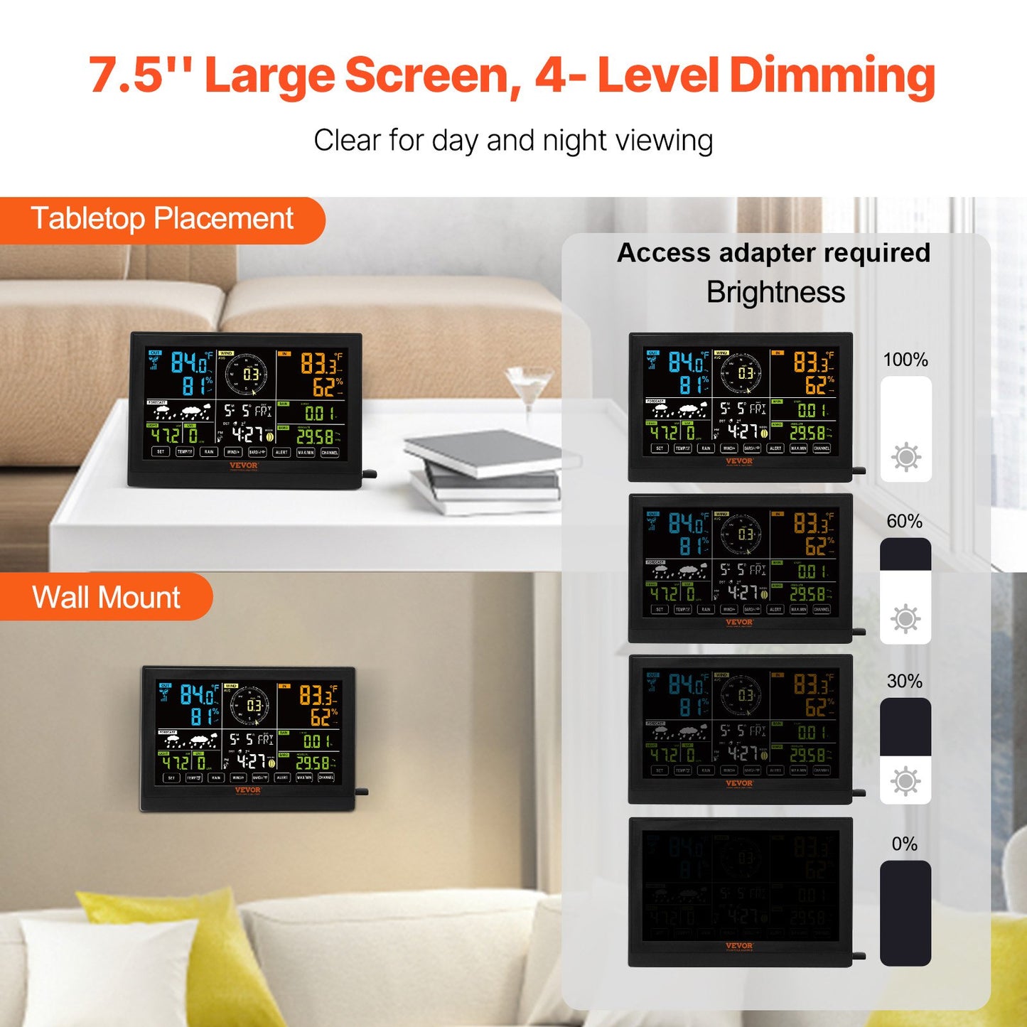 7-in-1 Wireless Weather Station, 7.5 Inch Large Color Screen, Digital Home Weather Station Indoor Outdoor, for Temperature Humidity Wind Speed/Direction Rain UV, with Forecast Data, Alarms, Alerts NO WIFI