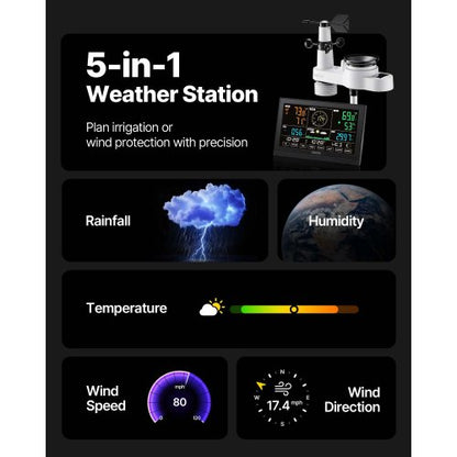 5-i-1 Wi-Fi väderstation, 190,5 mm VA-display, trådlös soldriven utomhussensor, regnmätare, inomhus/utomhus för väderprognos, vindhastighetsriktning, temperatur, luftfuktighet, nederbörd |  EU